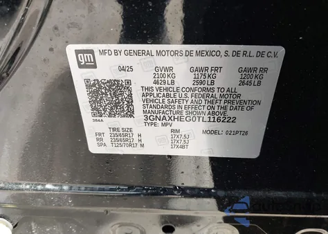 2026 Chevrolet Equinox Fwd Lt z USA, uszkodzony, nr VIN 3GNAXHEG0TL116222